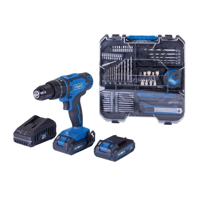 Scheppach drill kit with battery, charger, and accessories. Includes various drills and bits for different applications.